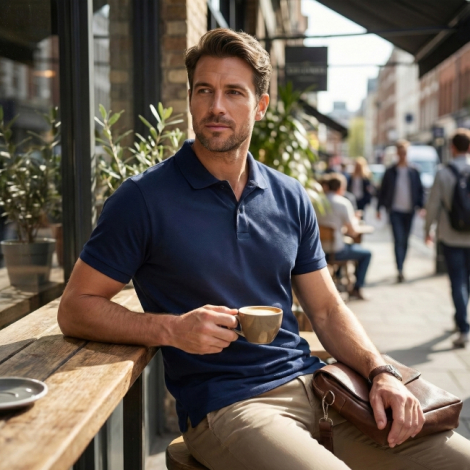 Polo bleu marine porté par un homme dans la rue