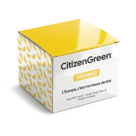 Boîte en carton avec couvercle jaune et faces blanches, éléments graphiques imprimés sur les côtés, marquage visible sur les fac