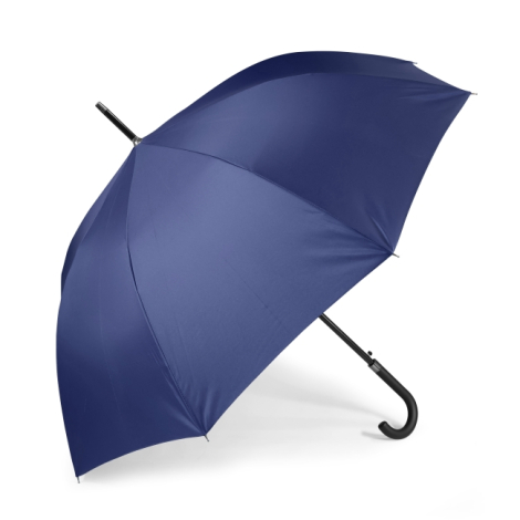 Parapluie bleu ouvert présenté seul sur fond blanc, vue de profil avec poignée courbée noire, sans marquage visible.