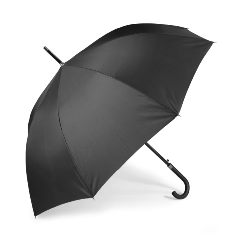 Parapluie noir ouvert présenté seul sur fond blanc, vue de profil avec poignée courbée noire, sans marquage visible.