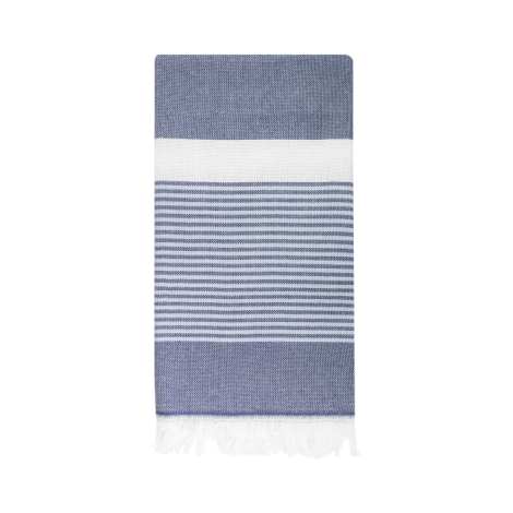 Fouta bleue à rayures présentée à plat sur fond blanc avec bande horizontale blanche et franges sur un côté, produit sans marqua
