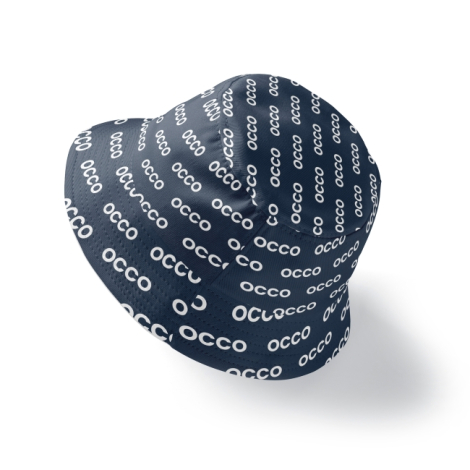 Bob bleu foncé présenté de dessus en légère inclinaison sur fond blanc, motif répété sur l’ensemble du tissu, personnalisation v