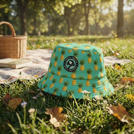 Bob vert avec motif répété d’ananas posé sur de l’herbe en extérieur, écusson circulaire visible sur l’avant, personnalisation a