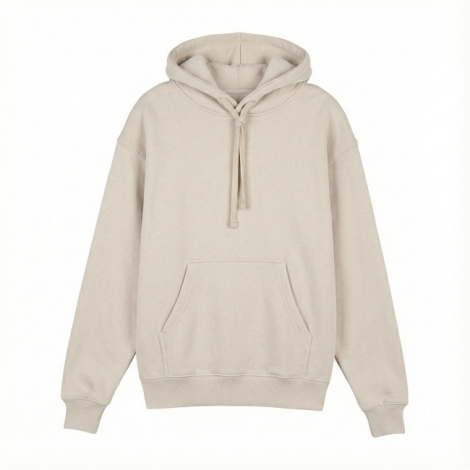 Sweat à capuche beige présenté à plat sur fond blanc avec poche kangourou et cordon ton sur ton, sans personnalisation apparente