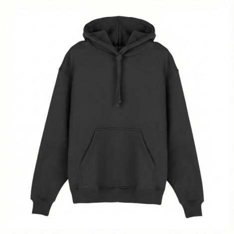 Sweat à capuche noir présenté à plat sur fond blanc avec capuche et poche frontale, sans marquage visible.