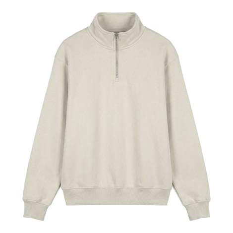 Sweat col zippé beige présenté à plat sur fond blanc. Aucune personnalisation apparente.