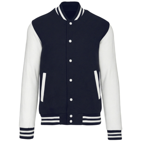 Veste teddy bleu marine et blanc présentée à plat sur fond blanc, aucune personnalisation apparente.