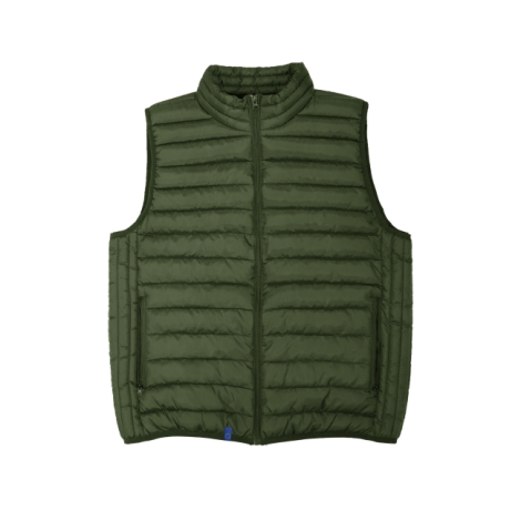 Bodywarmer vert présenté à plat sur fond blanc, sans marquage apparent.