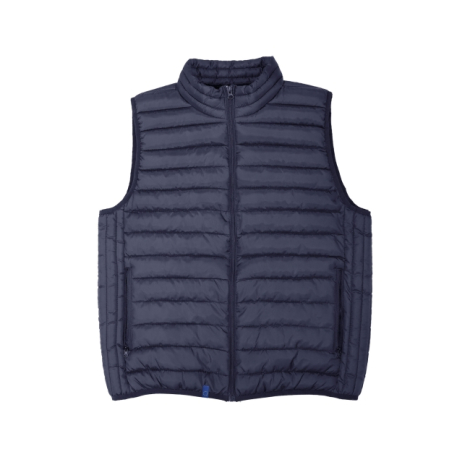 Bodywarmer bleu marine présenté à plat sur fond blanc, sans marquage apparent.