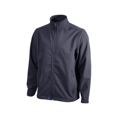 Veste softshell bleu marine présentée à plat sur fond blanc, aucune personnalisation visible.