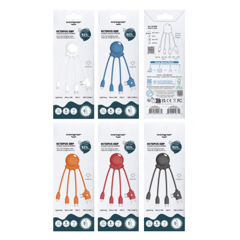 Emballages du câble Octopus avec visuels des différentes couleurs et informations techniques imprimées, marquage visible sur l’e
