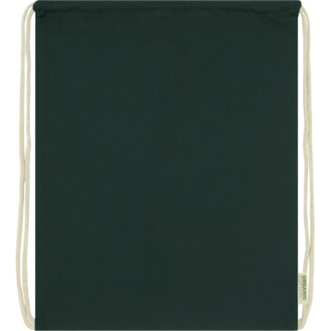 Sac à cordon vert foncé présenté à plat vue arrière avec cordons écrus, sans marquage apparent, étiquette textile visible en bas