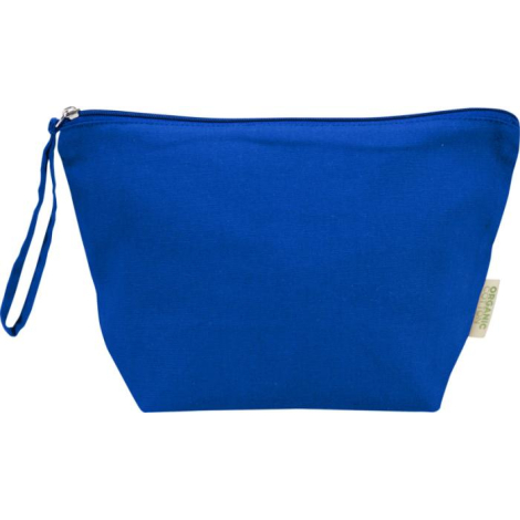 Grande pochette bleue présentée de face avec fermeture zippée assortie, sans marquage visible.