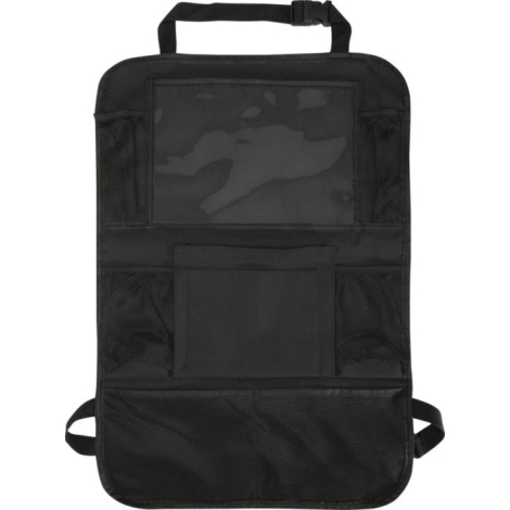 Organiseur noir présenté de face avec fenêtre transparente en partie haute et poches en filet, sans marquage visible.