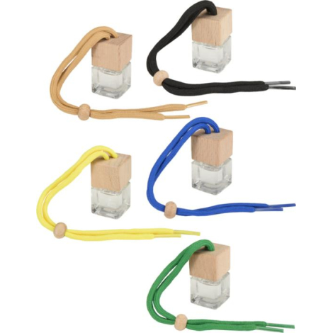 Vue de plusieurs désodorisants avec cordons jaune, bleu, vert, noir et beige, sans marquage visible.