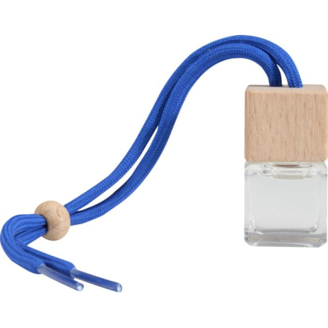 Gros plan sur un flacon en verre transparent avec bouchon en bois et cordon bleu, sans marquage visible.