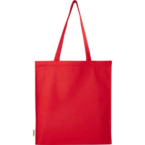 Sac shopping rouge présenté de face avec deux longues poignées, sans personnalisation apparente.