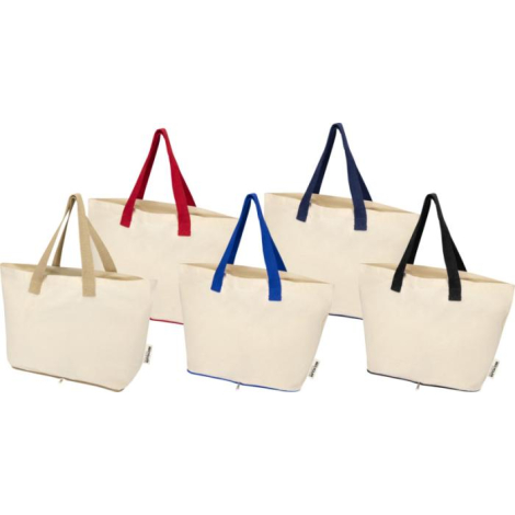 Vue de plusieurs sacs shopping écrus avec poignées contrastées rouges, bleues et bleu marine présentés de face, sans marquage vi