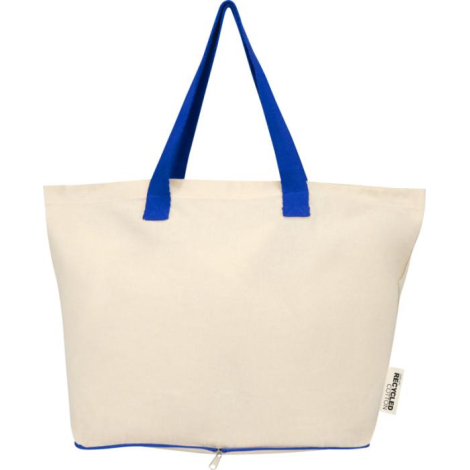 Sac shopping écru présenté de face avec deux longues poignées bleues, sans personnalisation apparente, étiquette textile visible