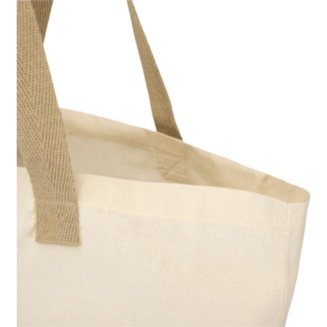 Gros plan sur la partie supérieure d’un sac écru montrant les poignées et les coutures intérieures, sans marquage visible.