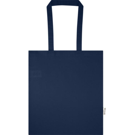 Sac shopping bleu marine présenté de face avec deux longues poignées assorties, sans marquage visible.