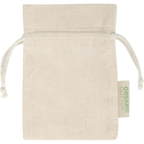 Petit sac cadeau écru présenté de dos avec cordon de serrage visible de chaque côté, sans marquage visible, étiquette textile la