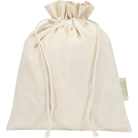 Sac cadeau écru présenté de dos avec cordon de serrage visible de chaque côté, sans marquage visible, étiquette textile latérale