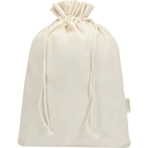 Sac cadeau écru présenté de face avec cordon de serrage visible de chaque côté, sans marquage visible, étiquette textile latéral