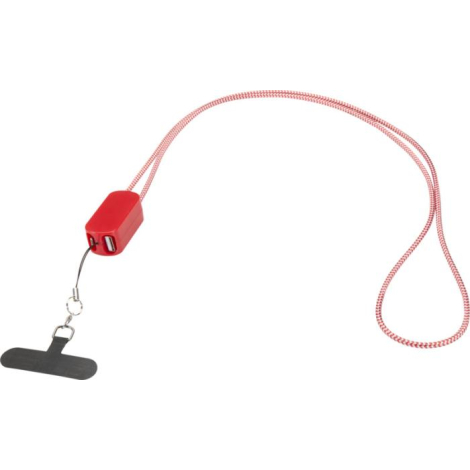 Tour de cou rouge avec boîtier rouge intégrant les connecteurs présenté en vue partielle, sans marquage visible.