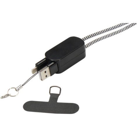 Boîtier noir ouvert laissant apparaître les connecteurs USB et Type-C avec cordon tressé noir et blanc et insert de fixation sép