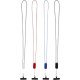 Vue de plusieurs cordons tressés noir, rouge, bleu et noir/blanc présentés verticalement, sans personnalisation apparente. Vue de plusieurs cordons tressés noir, rouge, bleu et noir/blanc présentés verticalement, sans personnalisation apparente.