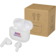 Boîtier de recharge blanc ouvert avec deux oreillettes assorties présenté devant une boîte en carton kraft, personnalisation vis Boîtier de recharge blanc ouvert avec deux oreillettes assorties présenté devant une boîte en carton kraft, personnalisation vis