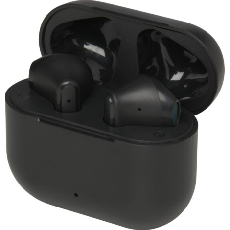 Boîtier de recharge noir ouvert avec deux oreillettes insérées à l’intérieur, sans marquage visible.