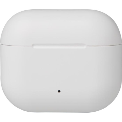 Boîtier de recharge blanc présenté fermé vue de face avec indicateur lumineux en partie inférieure, sans marquage visible.