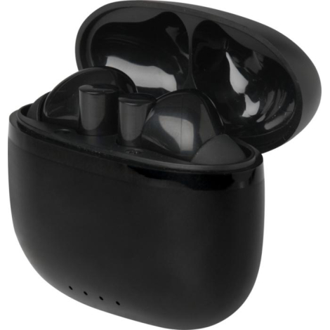Boîtier de recharge noir ouvert avec deux oreillettes insérées à l’intérieur, sans marquage visible.