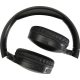 Casque noir partiellement replié mettant en évidence les coussinets et les boutons de commande sur la tranche d’une oreillette, Casque noir partiellement replié mettant en évidence les coussinets et les boutons de commande sur la tranche d’une oreillette,
