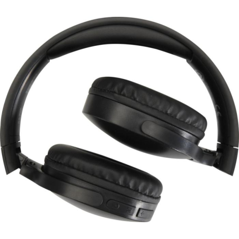 Casque noir partiellement replié mettant en évidence les coussinets et les boutons de commande sur la tranche d’une oreillette, 