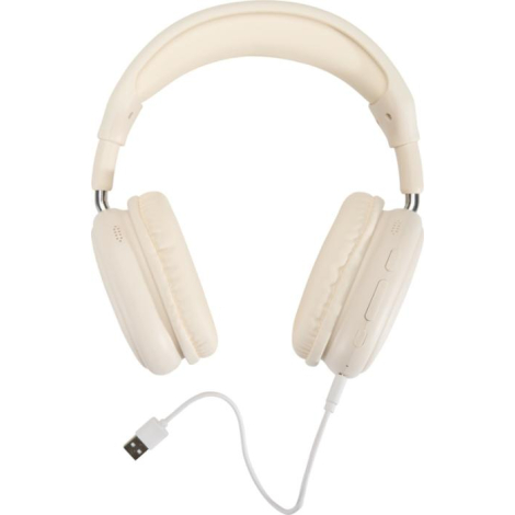 Casque beige présenté de face avec arceau déployé et câble branché sur une oreillette, sans marquage visible.