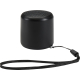 Enceinte cylindrique noire présentée de face avec grille perforée sur le dessus et dragonne noire latérale, sans marquage visibl Enceinte cylindrique noire présentée de face avec grille perforée sur le dessus et dragonne noire latérale, sans marquage visibl