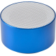 Enceinte cylindrique bleue présentée en vue légèrement en hauteur mettant en évidence la grille perforée supérieure, sans marqua Enceinte cylindrique bleue présentée en vue légèrement en hauteur mettant en évidence la grille perforée supérieure, sans marqua