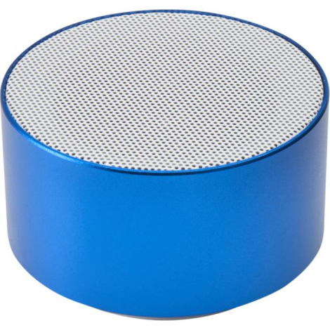 Enceinte cylindrique bleue présentée en vue légèrement en hauteur mettant en évidence la grille perforée supérieure, sans marqua
