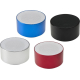 Vue de quatre enceintes cylindriques bleue, noire, argentée et rouge présentées en perspective, sans personnalisation apparente. Vue de quatre enceintes cylindriques bleue, noire, argentée et rouge présentées en perspective, sans personnalisation apparente.
