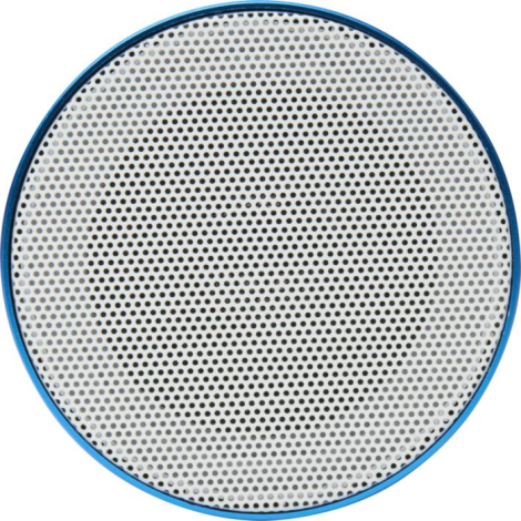 Vue du dessus d’une enceinte bleue mettant en évidence la grille perforée circulaire, sans marquage visible.