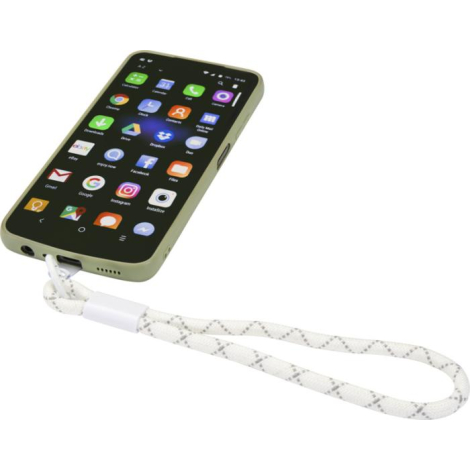 Bracelet de smartphone blanc relié à un téléphone via un insert transparent placé à l’intérieur de la coque, sans marquage visib