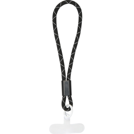 Gros plan sur un bracelet noir avec cordon tressé et pièce de liaison en plastique noir, sans personnalisation apparente.