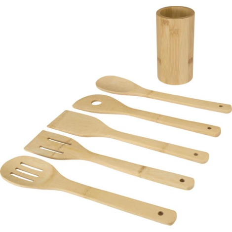Ensemble d’ustensiles de cuisine en bambou disposés à plat à côté de leur support cylindrique comprenant spatules et cuillères, 