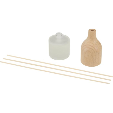 Vue des éléments du diffuseur comprenant flacon en verre, bâtonnets diffuseurs et contenant en bois séparés, sans personnalisati