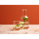 Carafe en verre et verre assorti remplis d’eau avec feuilles et tranches d’agrumes à l’intérieur, sans marquage visible.