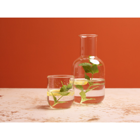 Carafe en verre et verre assorti remplis d’eau avec feuilles et tranches d’agrumes à l’intérieur, sans marquage visible.