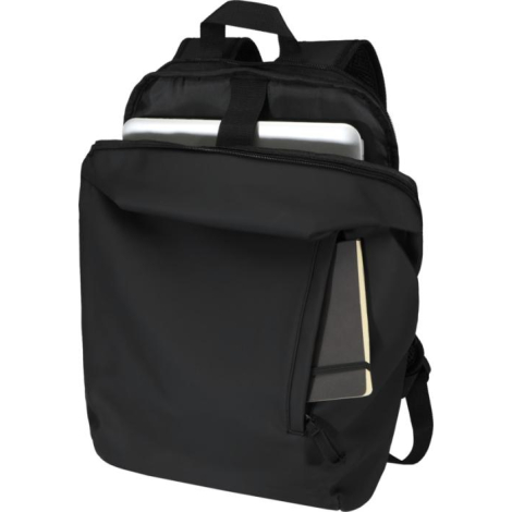 Sac à dos ouvert montrant le compartiment intérieur avec ordinateur portable inséré, sans marquage visible.